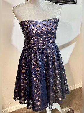 Aidan by Aidan Mattox Strapless Navy/Nude Lattice Sequin Mini Cocktail Dress